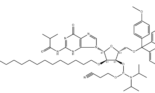 structure of DMTr-2'-O-C16-rG(iBu)-3'-CE-Phosphoramidite CAS 2382942-32-5