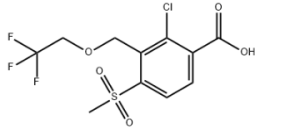 Structure of 2-chloro-4-methanesulfonyl-3-[(2,2,2-trifluoroethoxy)methyl]benzoic acid CAS 20100-77-8